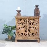 Elephant Carved Door design Solid Wood Cabinet Buffet Brown